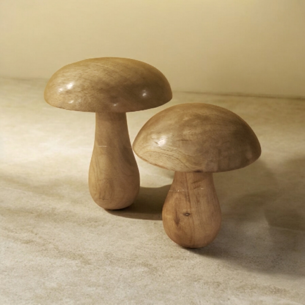 NEW! Artisan Wooden Mushroom Carved Decor Set